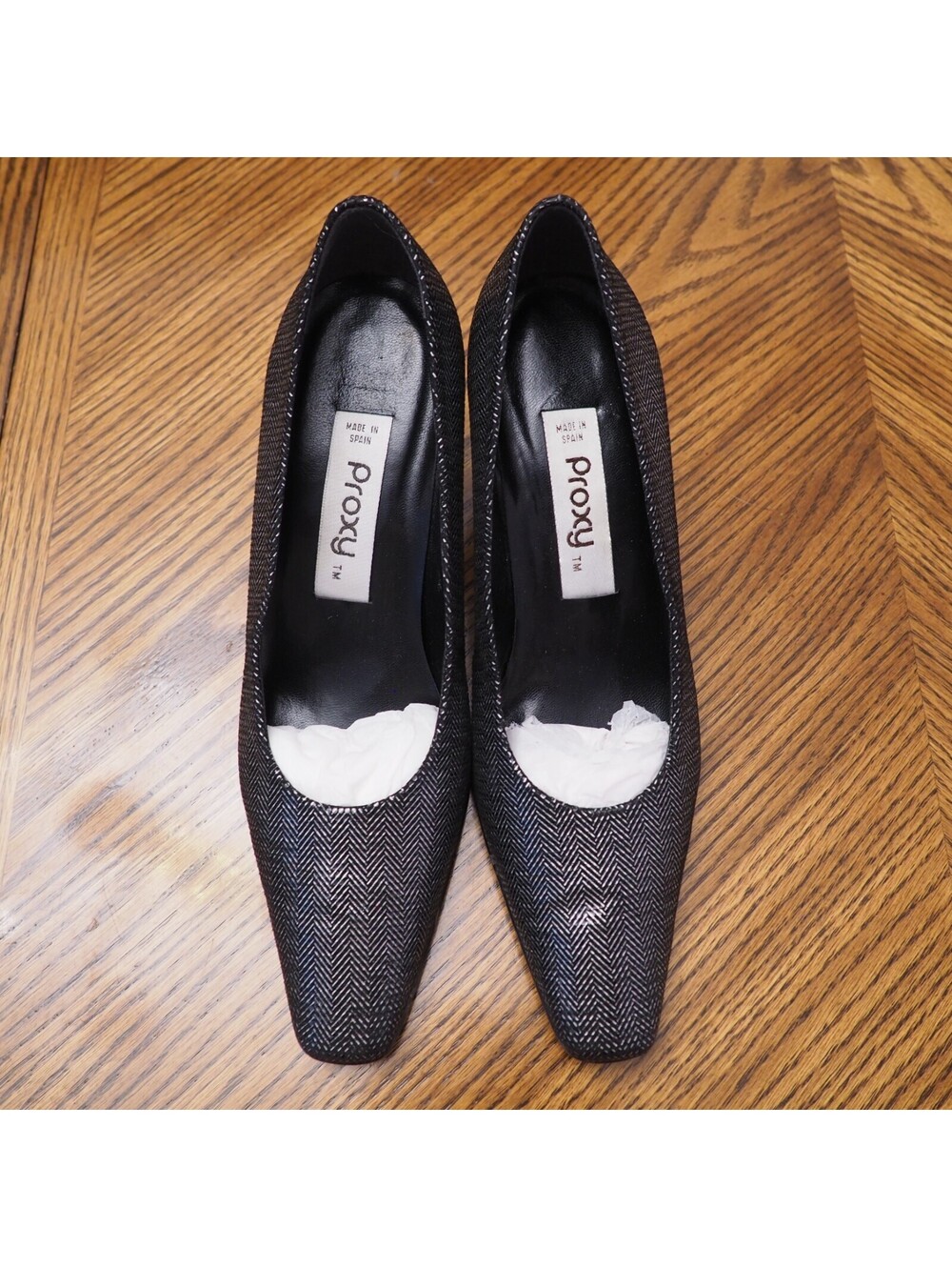 PROXY Black/Pewter Herringbone Metallic Med Heel Pump Shoes Sz 8M Made in Spain
